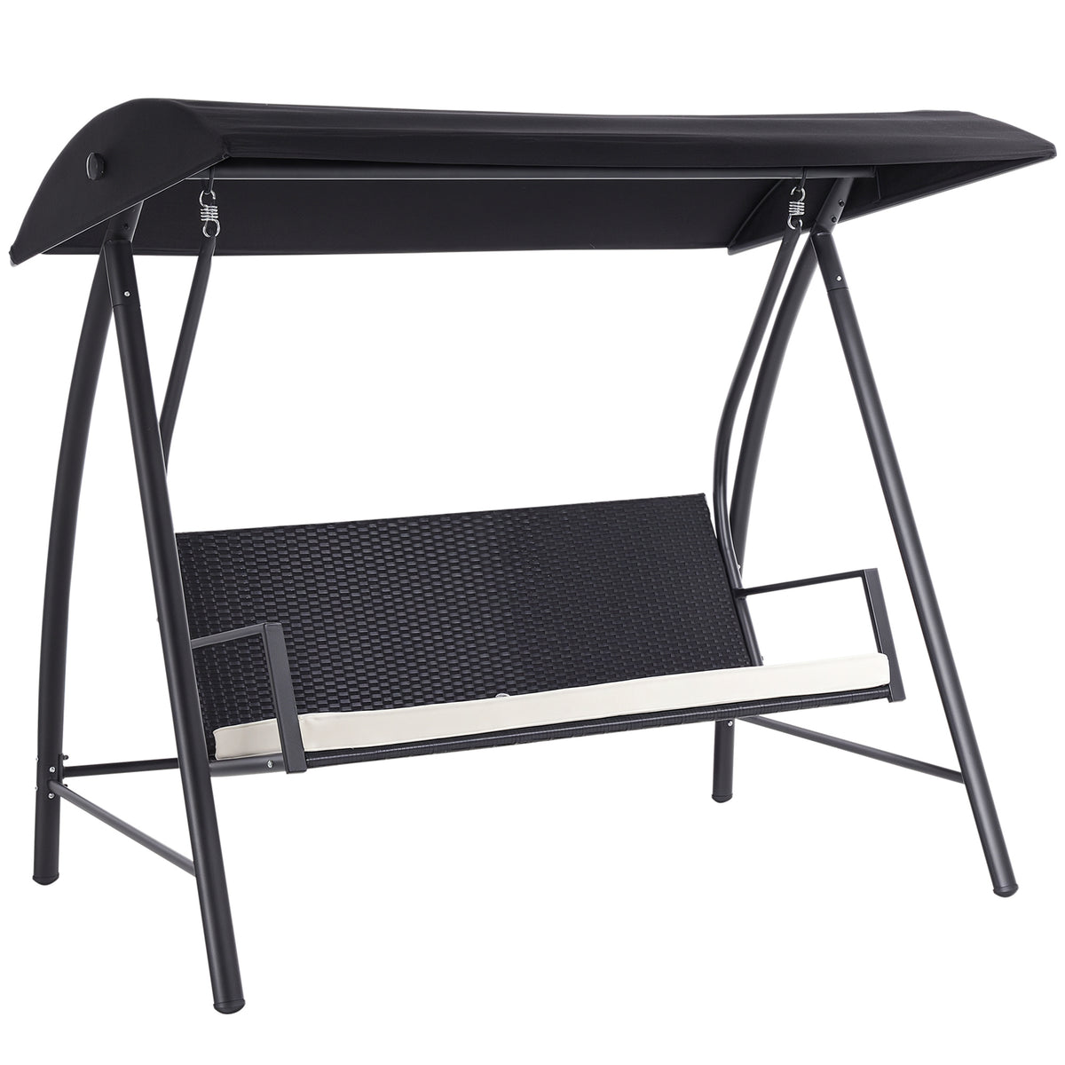 Baloiço de Jardim de Vime PE com 3 Lugares Estrutura de Metal Almofada Toldo Ajustável Balcão Terraço Patio Carga Máx. 360kg 198x124x179cm Preto — foto 1