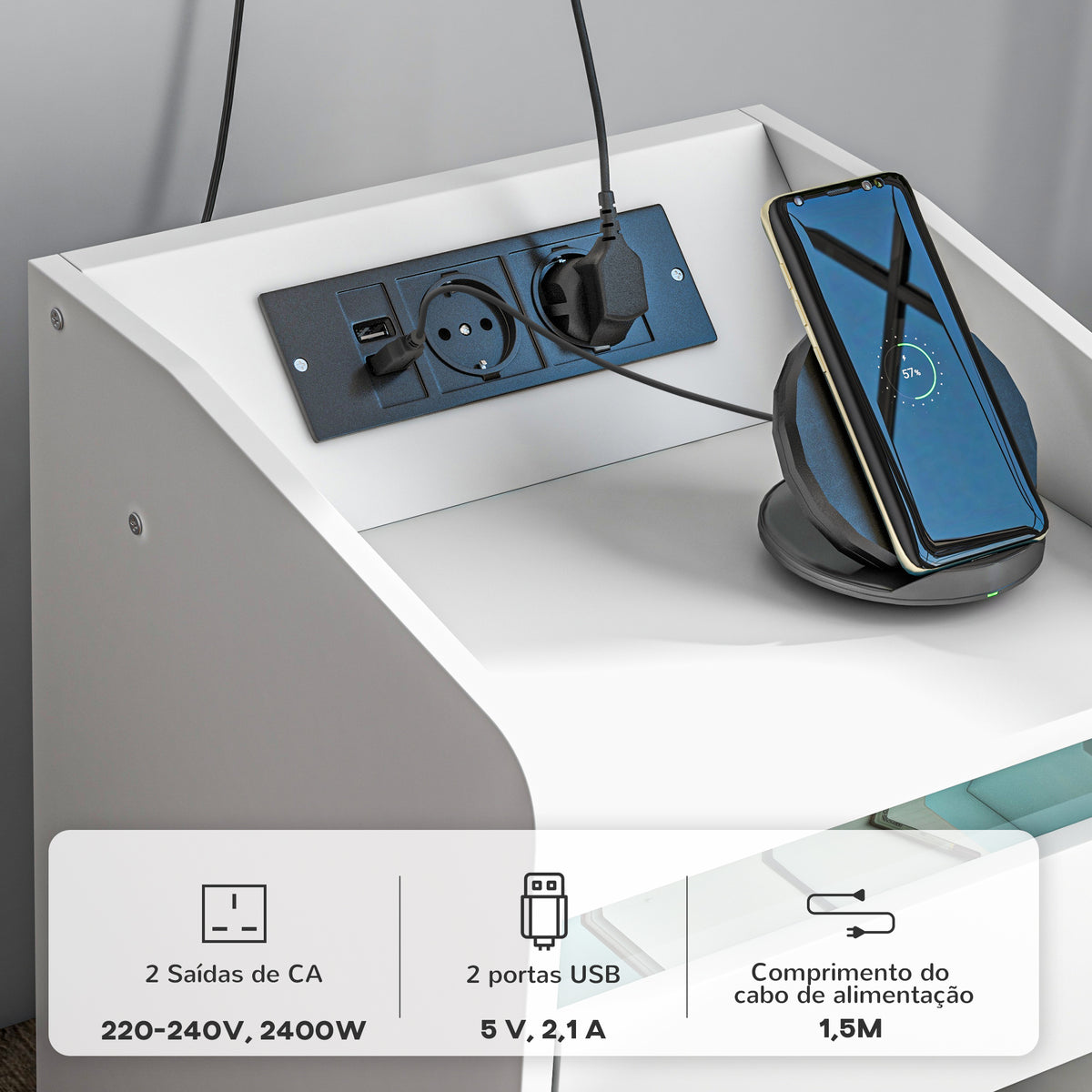 Mesa de Cabeceira com Luzes LED Mesa de Cabeceira com Gaveta Prateleira Estação de Carregamento Entrada USB e Controlo Remoto 40x40x58 cm Branco - Modelo 1 — foto 5