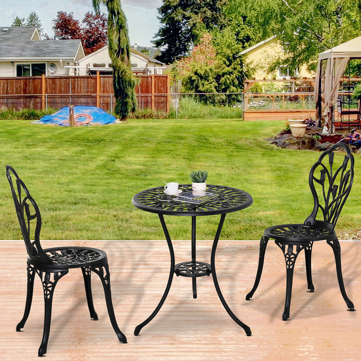 Conjunto de Mesa e Cadeiras de Exterior de 3 Peças Móveis de Jardim de Alumínio com Encosto com Padrão de Tulipa e Mesa com Orifício para Chapéu de Sol Preto — foto 2