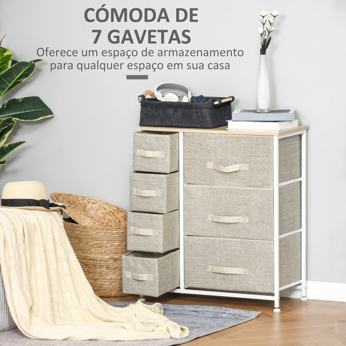 Cómoda com 7 Gavetas de Tecido Cómoda de Armazenamento Multifuncional para Dormitório Sala de Estar Corredor 63,5x30x71cm Cinza — foto 4