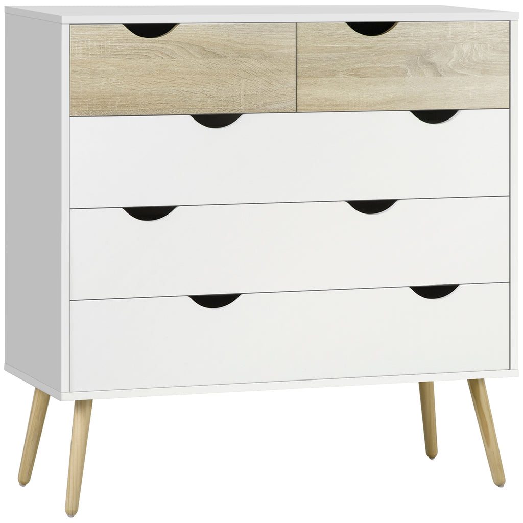 Cómoda com 5 Gavetas Cómoda de Quarto com Pés de Madeira Cómoda para Sala Escritório Estilo Nórdico 99x39x101 cm Branco e Carvalho — foto 1