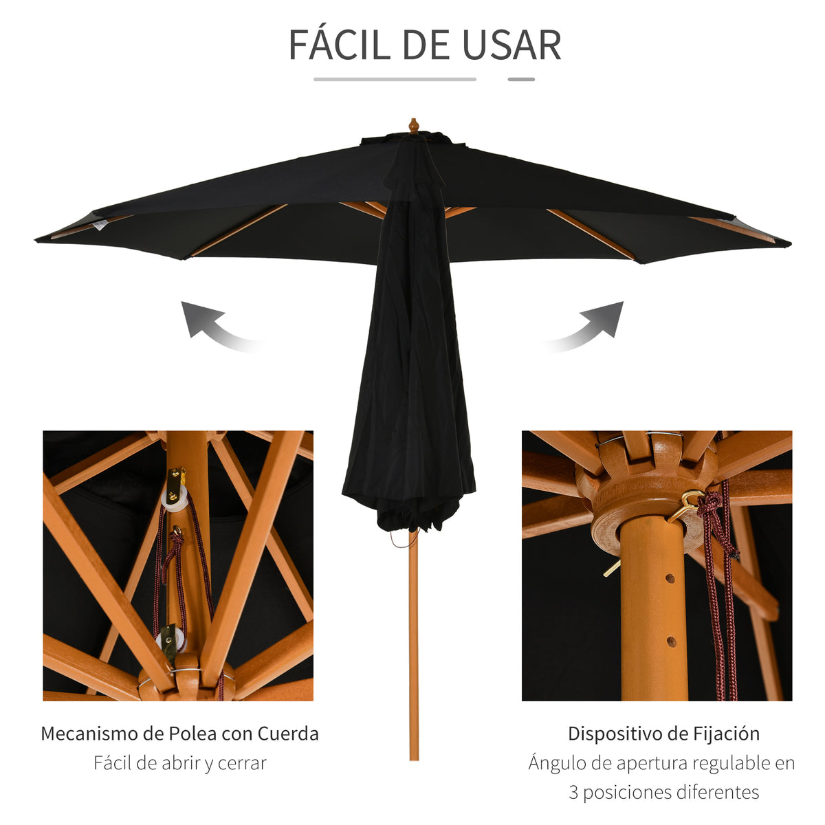 Chapéu de Sol de Jardim Ø300x250cm com Sistema de Polia Teto Ventilado e Mastro Desmontável de Madeira para Terraço Pátio Exterior Preto — foto 4