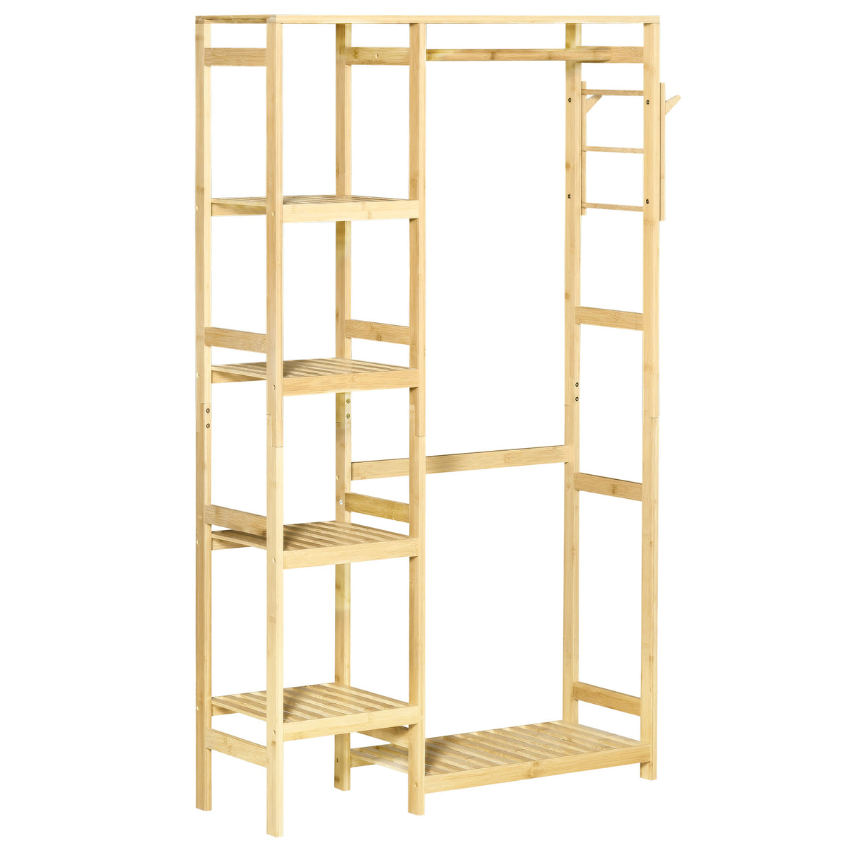 Suporte para Cabides de Bambu Cabideiro com Prateleiras de 4 Níveis com Barra Prateleira Inferior e Cabide Lateral para Roupas Bolsas 90x30x155cm Madeira — foto 1