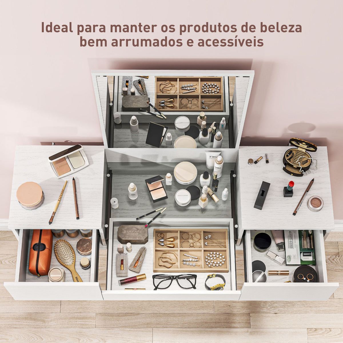 Tocador de Maquilhagem com Espelho Tocador com Bancada de Vidro Temperado 3 Gavetas Mesa de Maquilhagem Moderna para Dormitório 105,5x30x130,5 cm Branco — foto 4