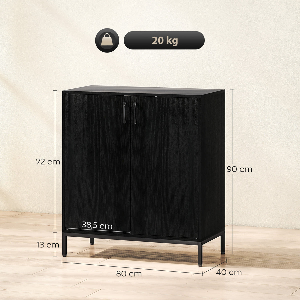 Aparador para Sala de Estar com 2 Portas Moderno Prateleira Ajustável e Base Elevada para Sala de Jantar Corredor Quarto, 80x40x90 cm Preto — foto 3