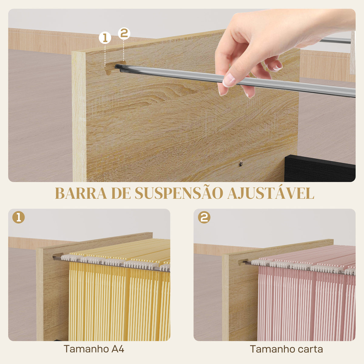 Bloco de Gavetas de Escritório Móvel de Arquivos com 4 Rodas 3 Gavetas para Tamanho A4 Carta para Secretária 40x42x65 cm Carvalho e Preto — foto 5