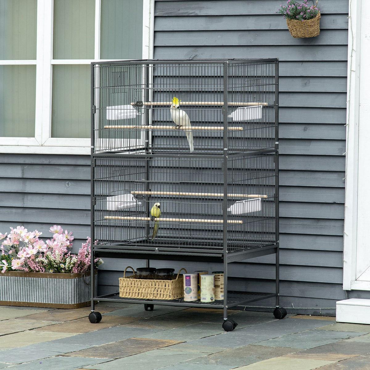 Gaiola para Pássaros com Rodas 78x52x132 cm Gaiola para Pássaros Metálica com Bandeja Amovível 4 Portas 4 Comedouros 4 Poleiros e Prateleira de Armazenamento para Canários Periquitos Cinza — foto 2