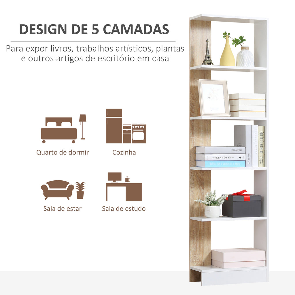 Prateleira de armazenamento com 5 prateleiras Estante multiuso para escritório com base elevada Design elegante 45x21x170 cm Branco e carvalho — foto 6