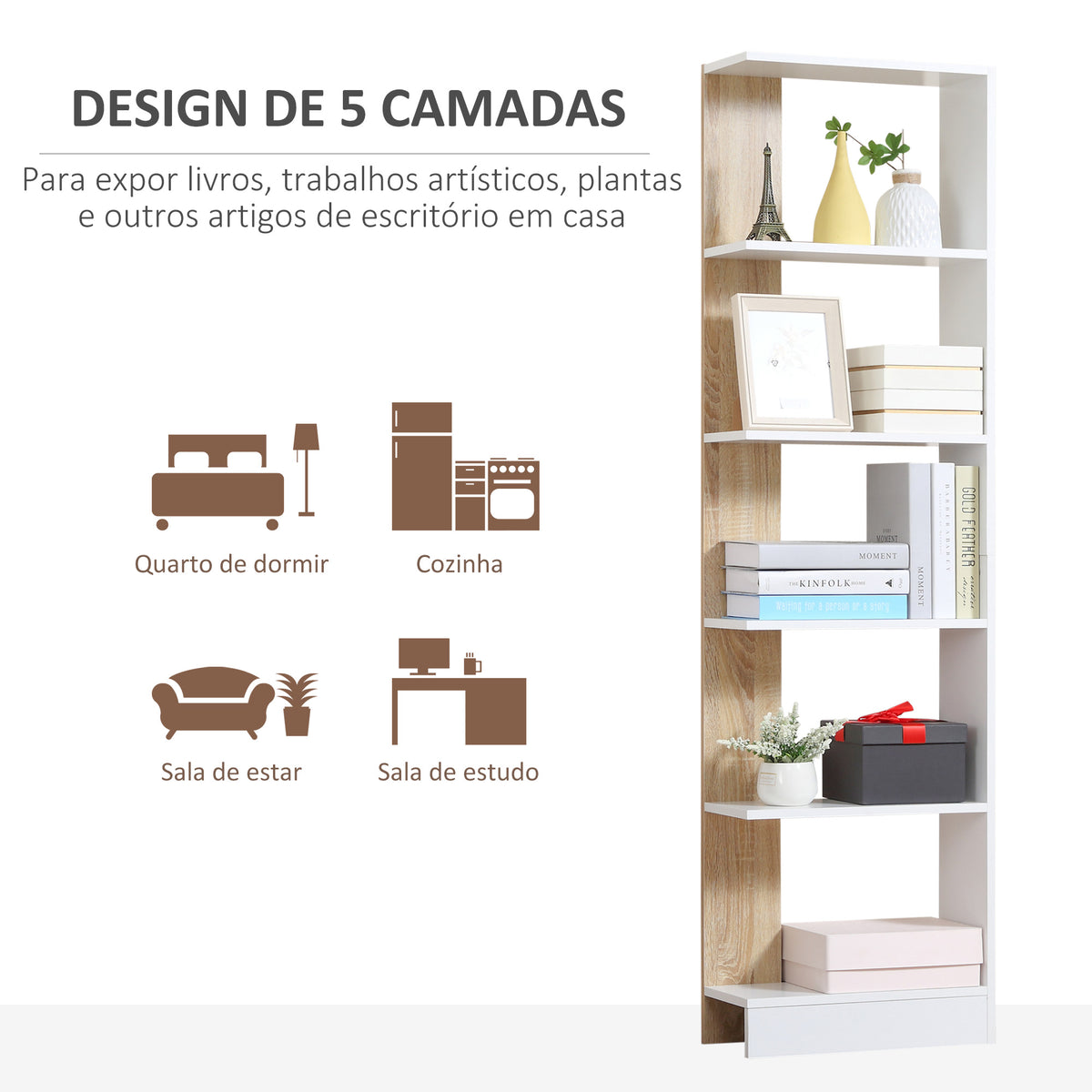 Prateleira de armazenamento com 5 prateleiras Estante multiuso para escritório com base elevada Design elegante 45x21x170 cm Branco e carvalho — foto 6