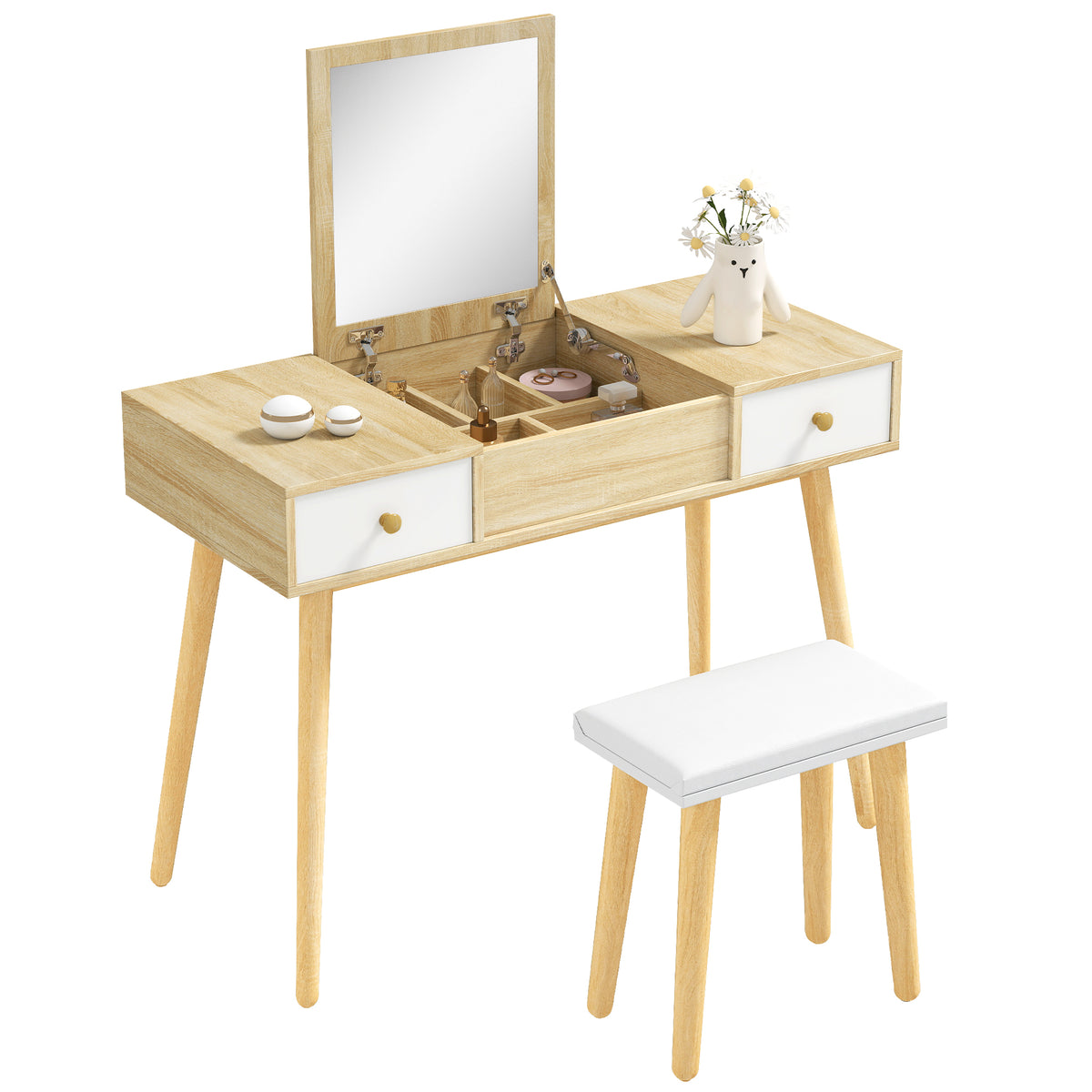 Toucador com Espelho Dobrável Mesa de Maquilhagem com Banco Compartimentos e Gavetas 100x45x118cm Madeira e Branco — foto 1