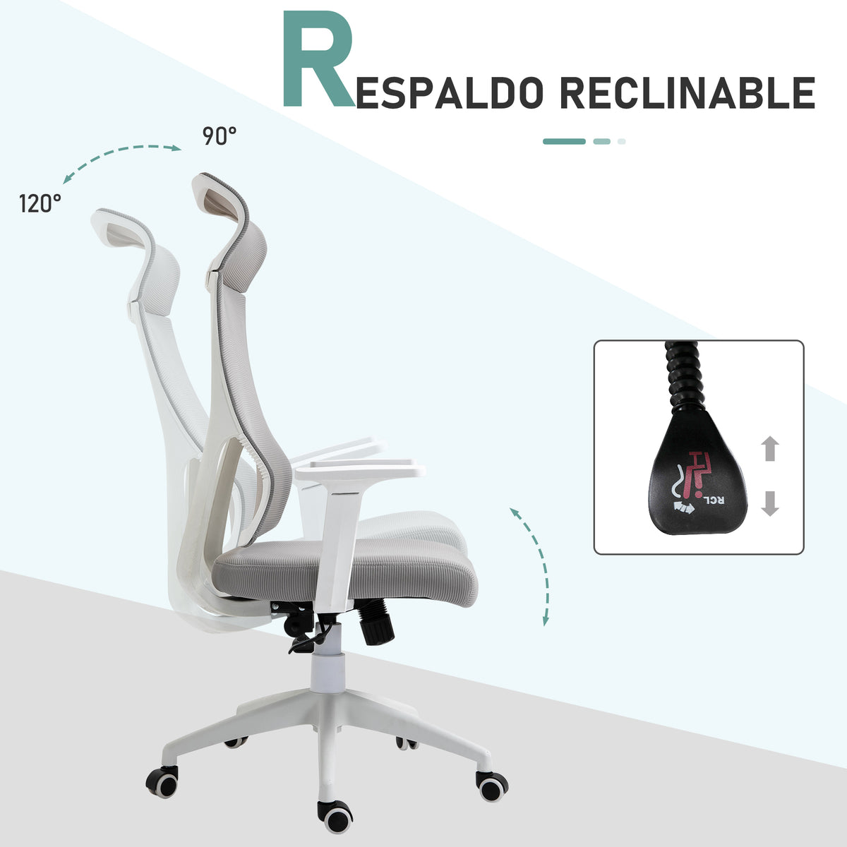 Cadeira ergonômica giratória para escritório altura ajustável e reclinável até 120º posição de bloqueio 64x61x120,9-128,9 cm Cinza — foto 5