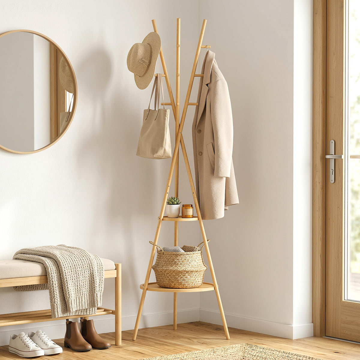 Cabide de Pé em Bambu Cabide para Roupas com 2 Prateleiras e 9 Ganchos Design Elegante para Pendurar Bolsas Chapéus no Hall Entrada Quarto 58,5x58,5x176 cm Madeira — foto 2