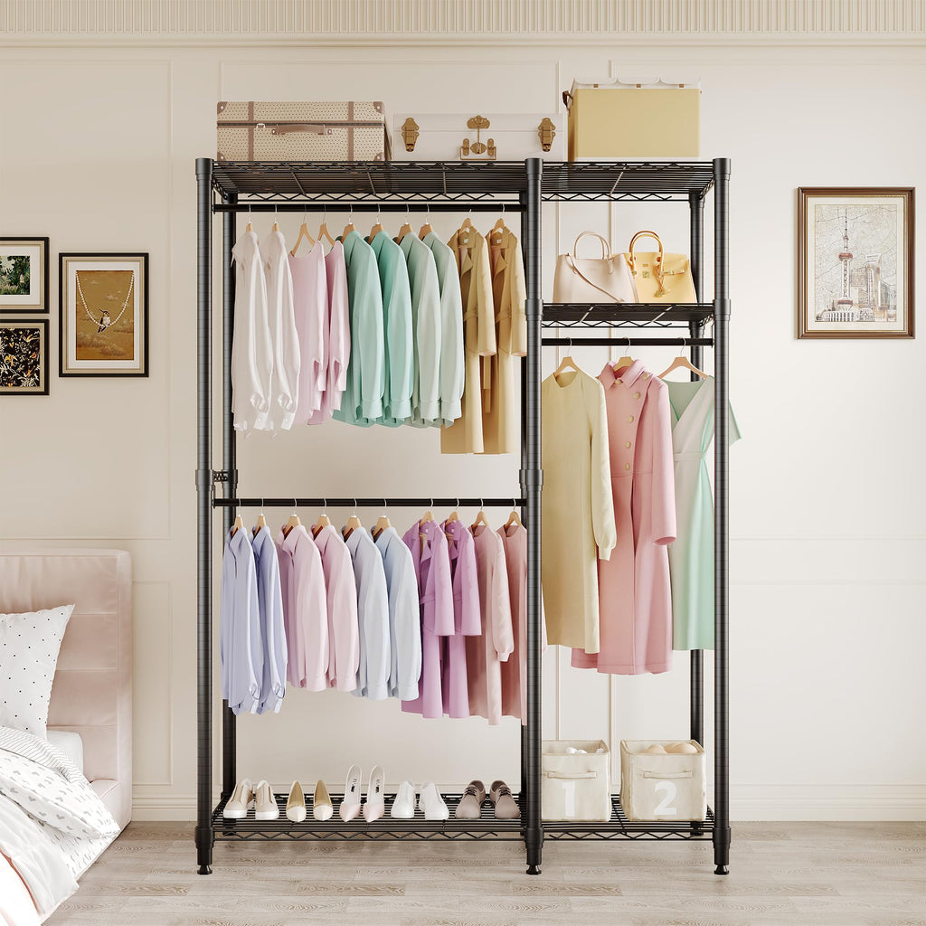 Cabide portátil resistente e ajustável com 3 barras e prateleiras metálicas para quarto e roupeiro — foto 4