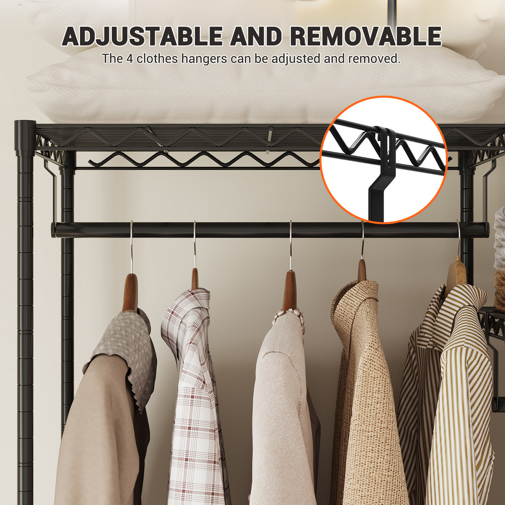 Cabideiro ajustável em aço resistente com 4 barras e 8 prateleiras, armário aberto modular 175x40x194 cm preto para quarto e lavandaria — foto 4