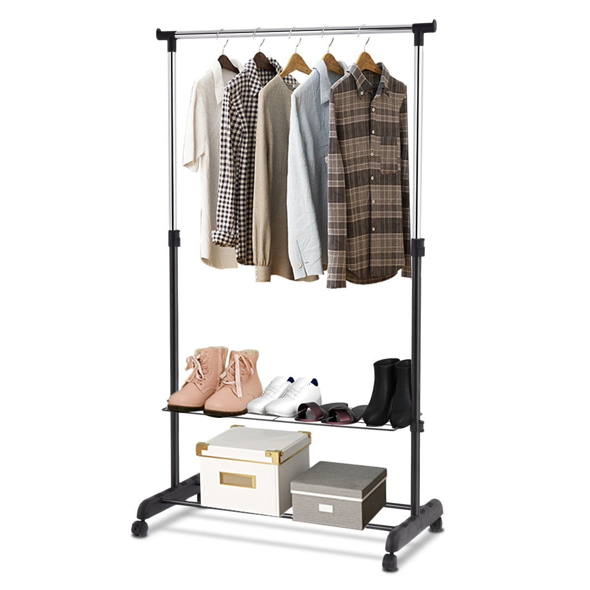 Cabideiro com Rodas e 2 Prateleiras para Roupa e Calçado com Altura Ajustável 168 x 84 x 42 cm — foto 10