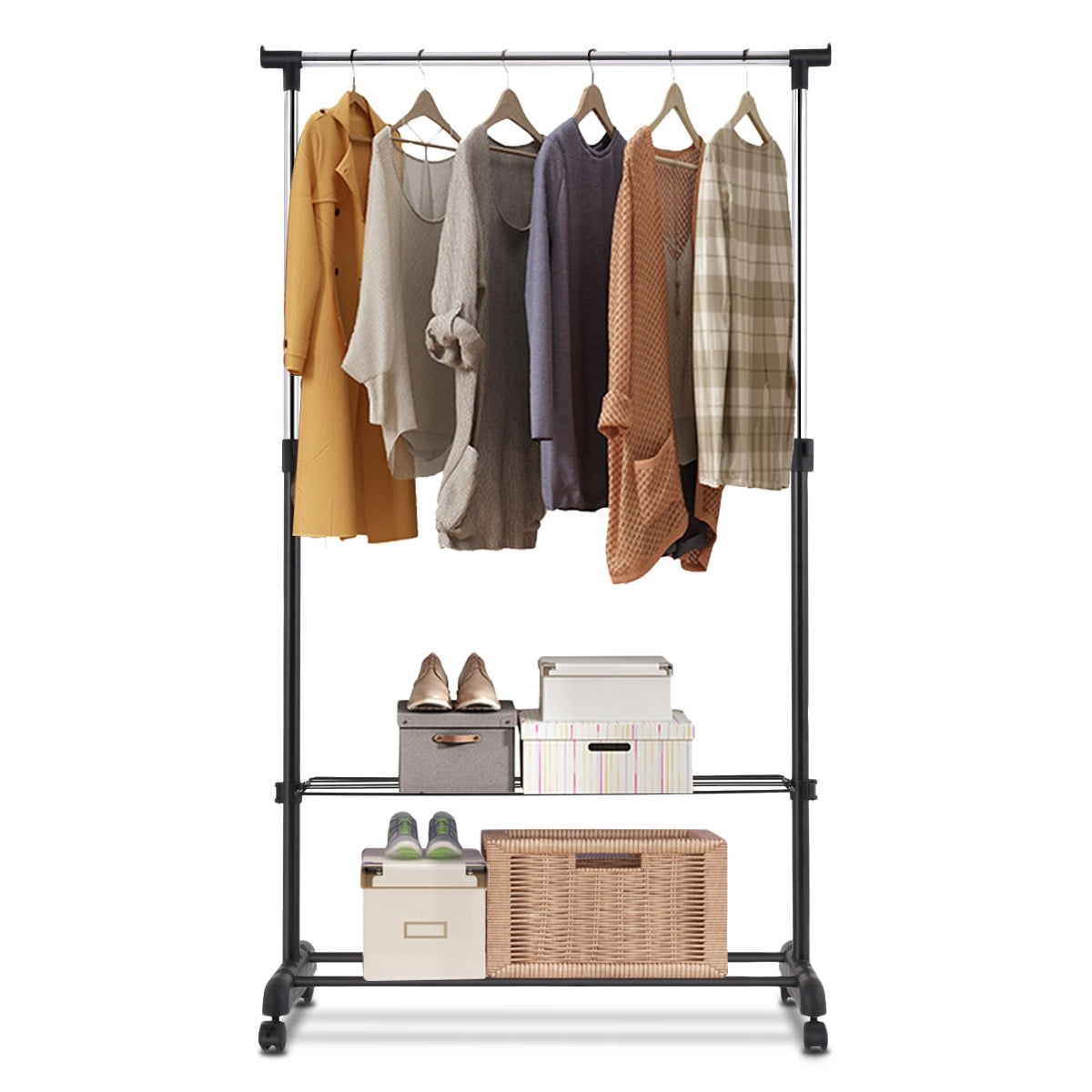 Cabideiro com Rodas e 2 Prateleiras para Roupa e Calçado com Altura Ajustável 168 x 84 x 42 cm — foto 2