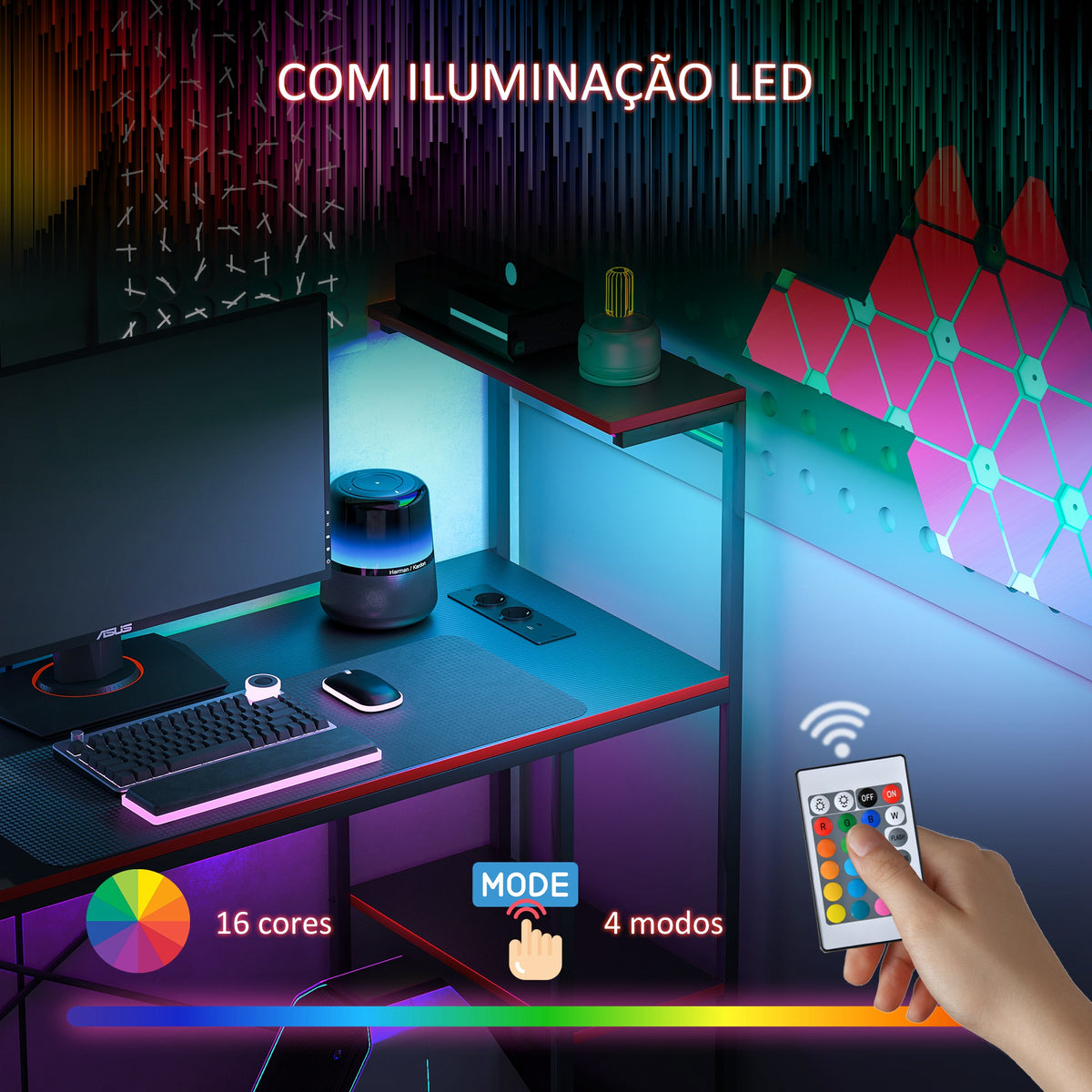 Secretária Gaming com Luzes LED 100x50 cm Secretária Gaming de Fibra de Carbono com Tomadas de Corrente Prateleiras e Controlo Remoto para Escritório Preto — foto 4