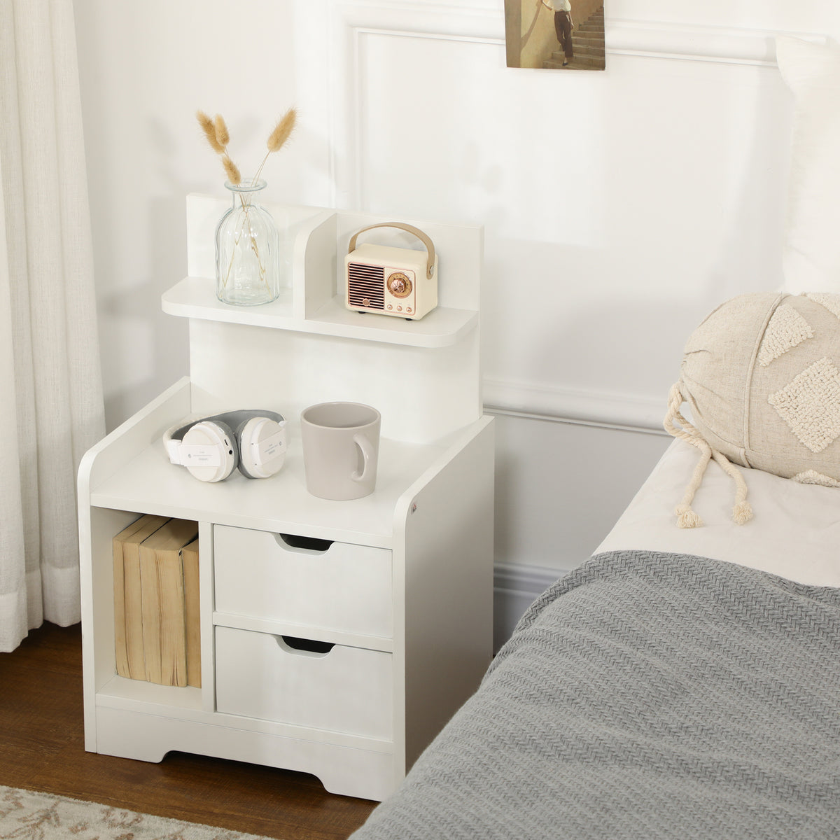 Mesa de Cabeceira Moderna Mesa de Cabeceira com 2 Gavetas e 3 Compartimentos de Armazenamento para Sala de Estar Quarto Carga 30 kg 40x30x60 cm Branco — foto 2