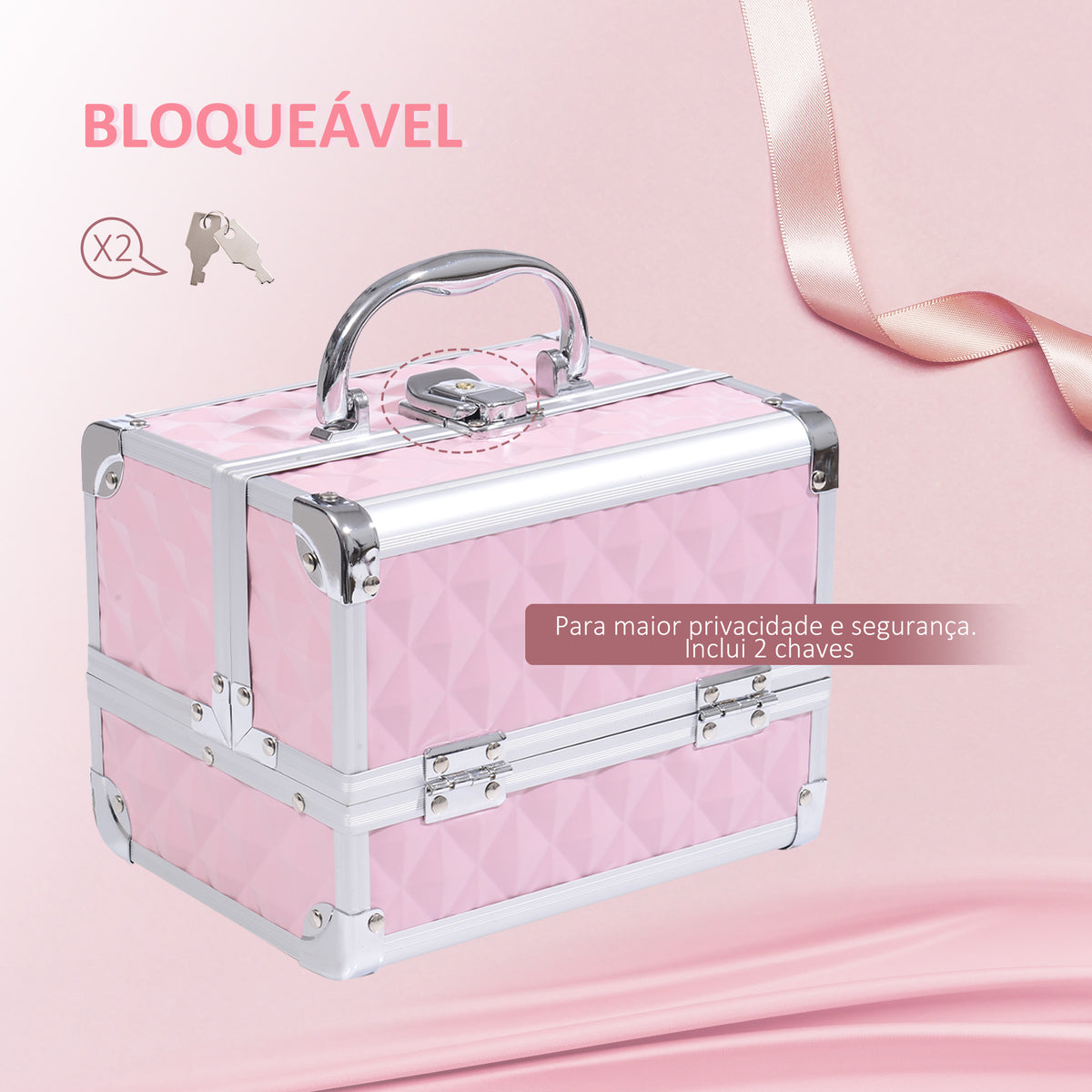 Estojo de Maquilhagem Organizador Cosméticos Profissional Estojo de Maquilhagem Portátil com Fecho e Vários Compartimentos 20x15x15 cm Rosa — foto 4