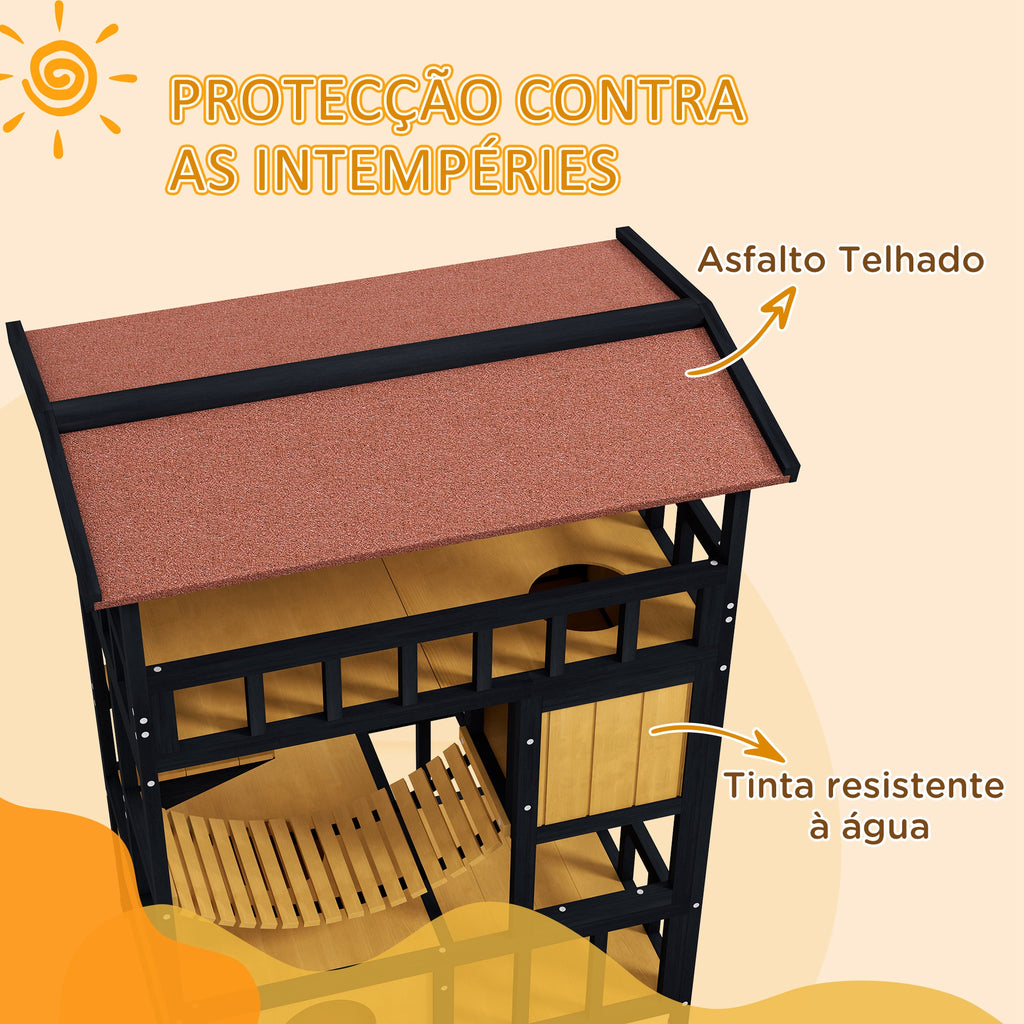 Casa para Gatos de Madeira 84x60x116 cm Abrigo para Gatos de 4 Níveis para Exterior com Ponte Suspensa Varanda e Telhado Asfáltico Natural — foto 5