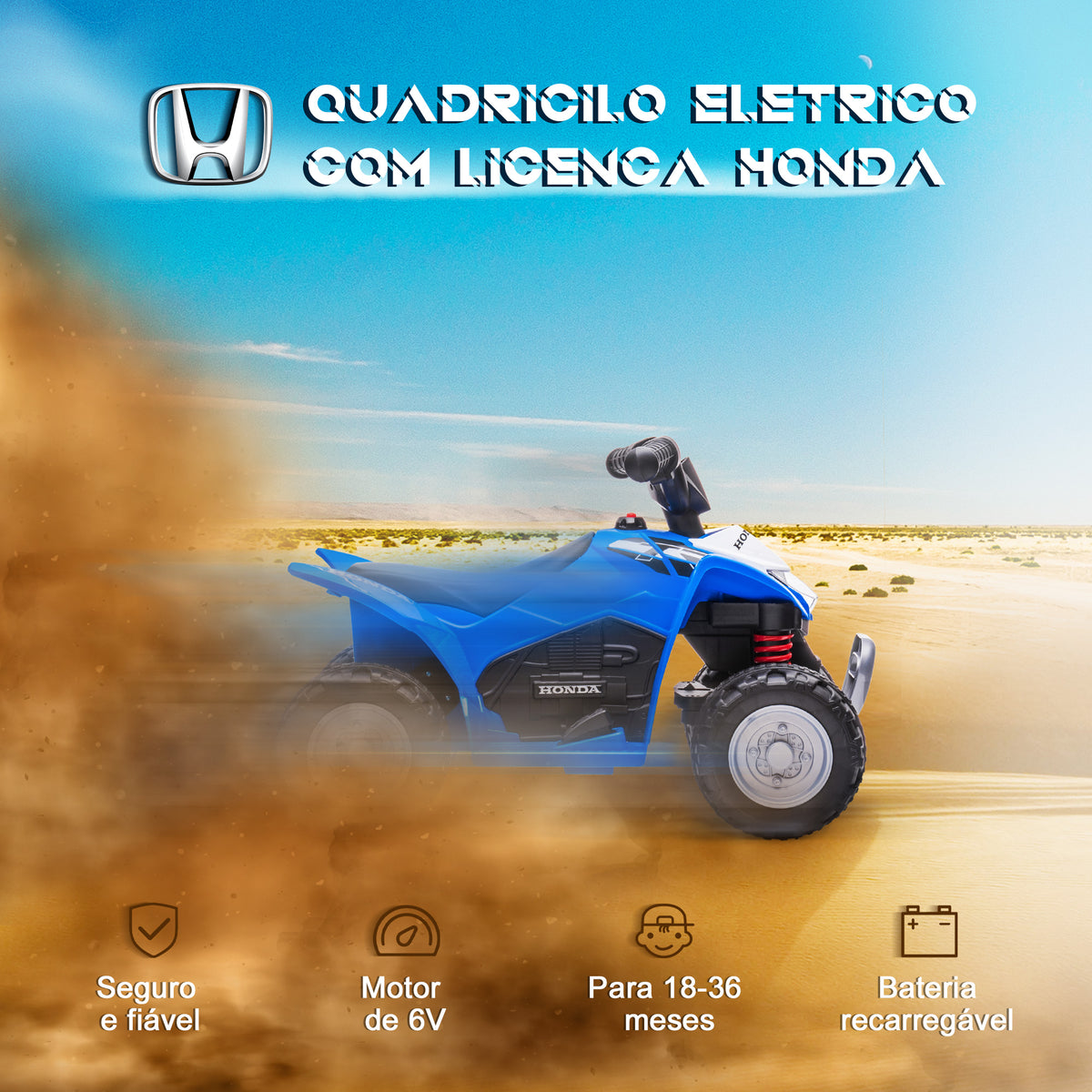 Quadriciclo Elétrico HONDA para Crianças de 18-36 Meses Quadriciclo Elétrico Infantil a Bateria 6V com Faróis LED Buzina Velocidade de 2,8km/h e Avance 65,5x35,5x43,5cm Azul — foto 4