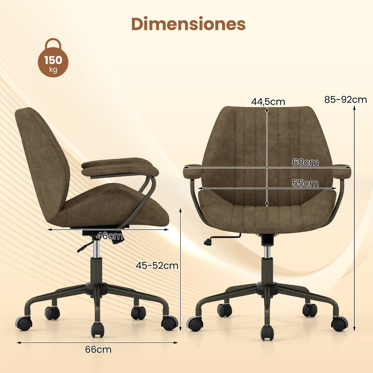 Cadeira de Escritório Regulável com Apoios Acolchoados Base 5 Rodas Capacidade 150kg 68x66x85-92cm Verde Oliva — foto 3