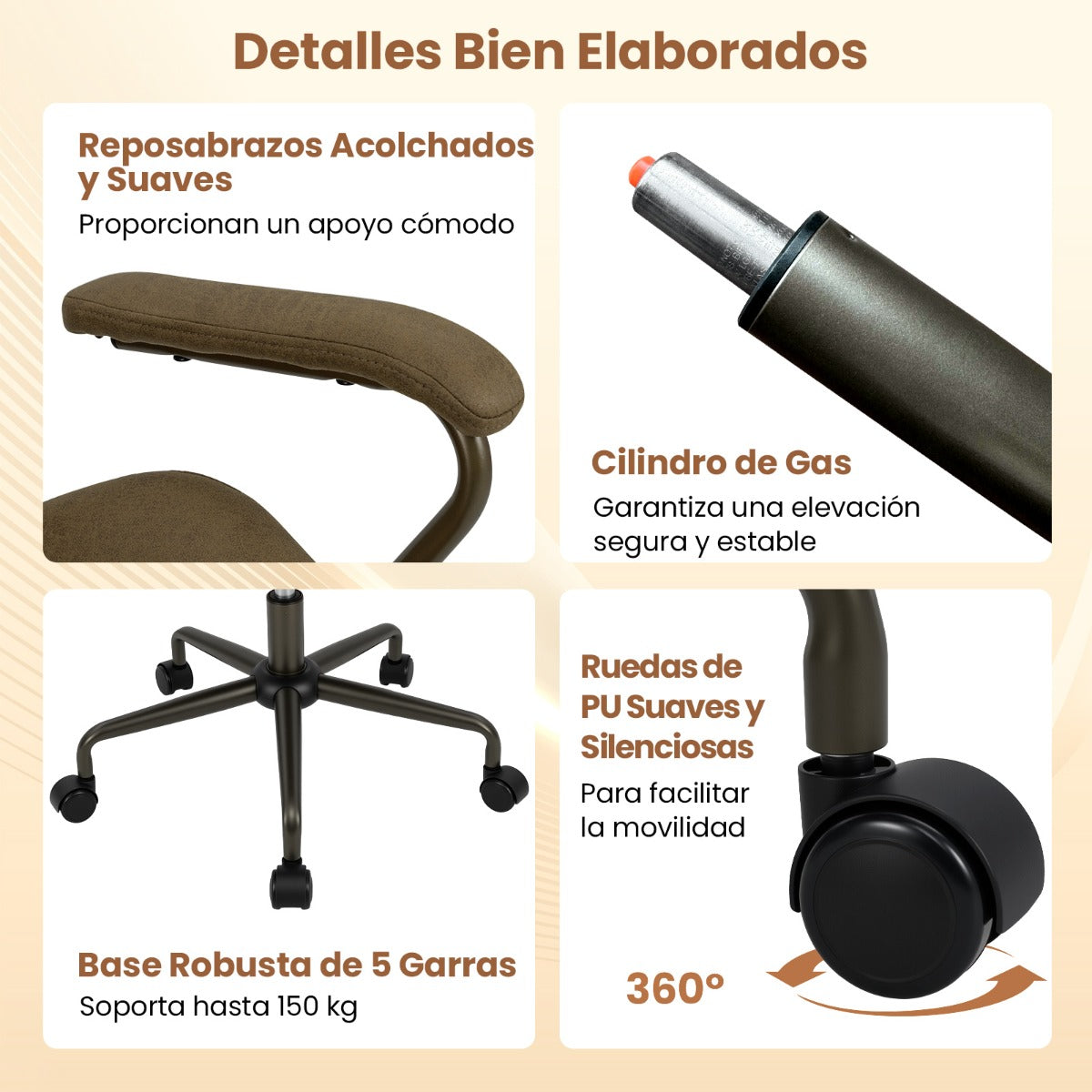 Cadeira de Escritório Regulável com Apoios Acolchoados Base 5 Rodas Capacidade 150kg 68x66x85-92cm Verde Oliva — foto 4