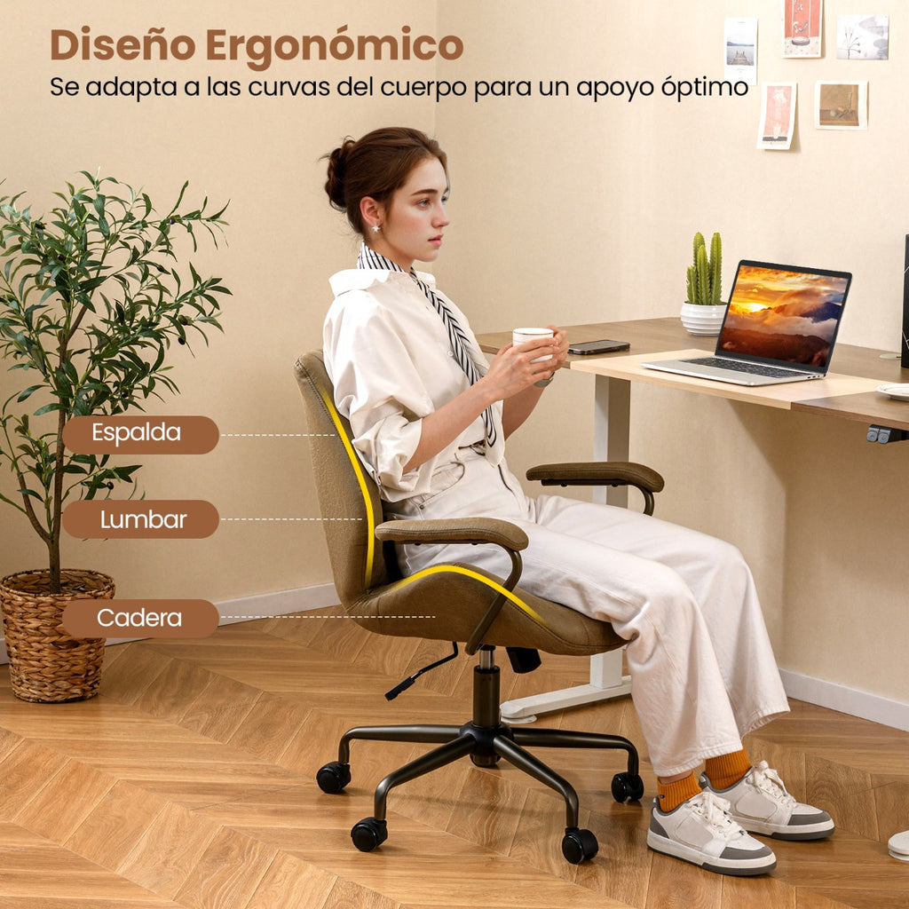 Cadeira de Escritório Regulável com Apoios Acolchoados Base 5 Rodas Capacidade 150kg 68x66x85-92cm Verde Oliva — foto 5