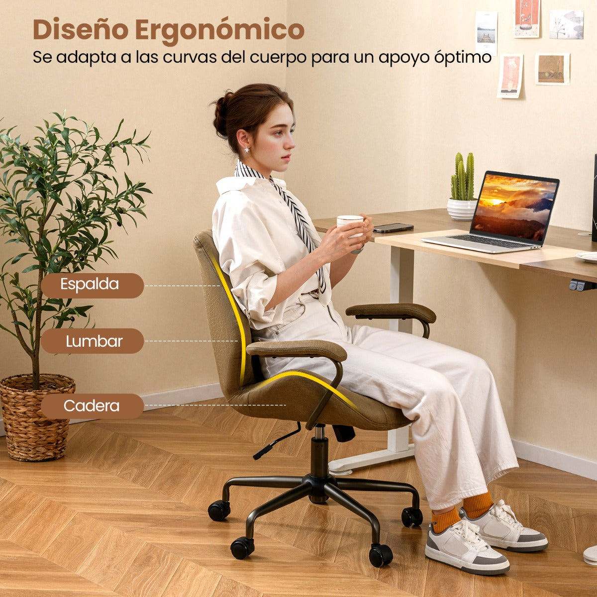 Cadeira de Escritório Regulável com Apoios Acolchoados Base 5 Rodas Capacidade 150kg 68x66x85-92cm Verde Oliva — foto 5