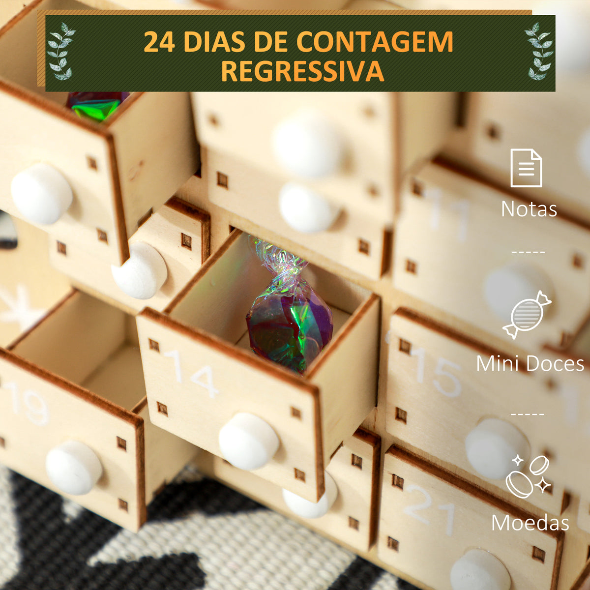 Calendário do Advento de Madeira com 24 Gavetas Calendário do Advento de Natal Decorado com Pai Natal no Trenó Decoração de Natal 22,5x8x36 cm Madeira e Vermelho — foto 4