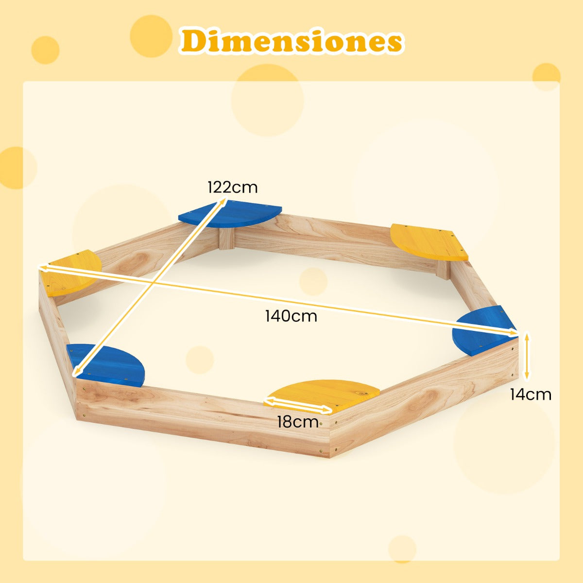 Caixa de Areia Hexagonal em Madeira com Macetero e 6 Assentos para Crianças 3+ Anos 140x122x14cm — foto 3
