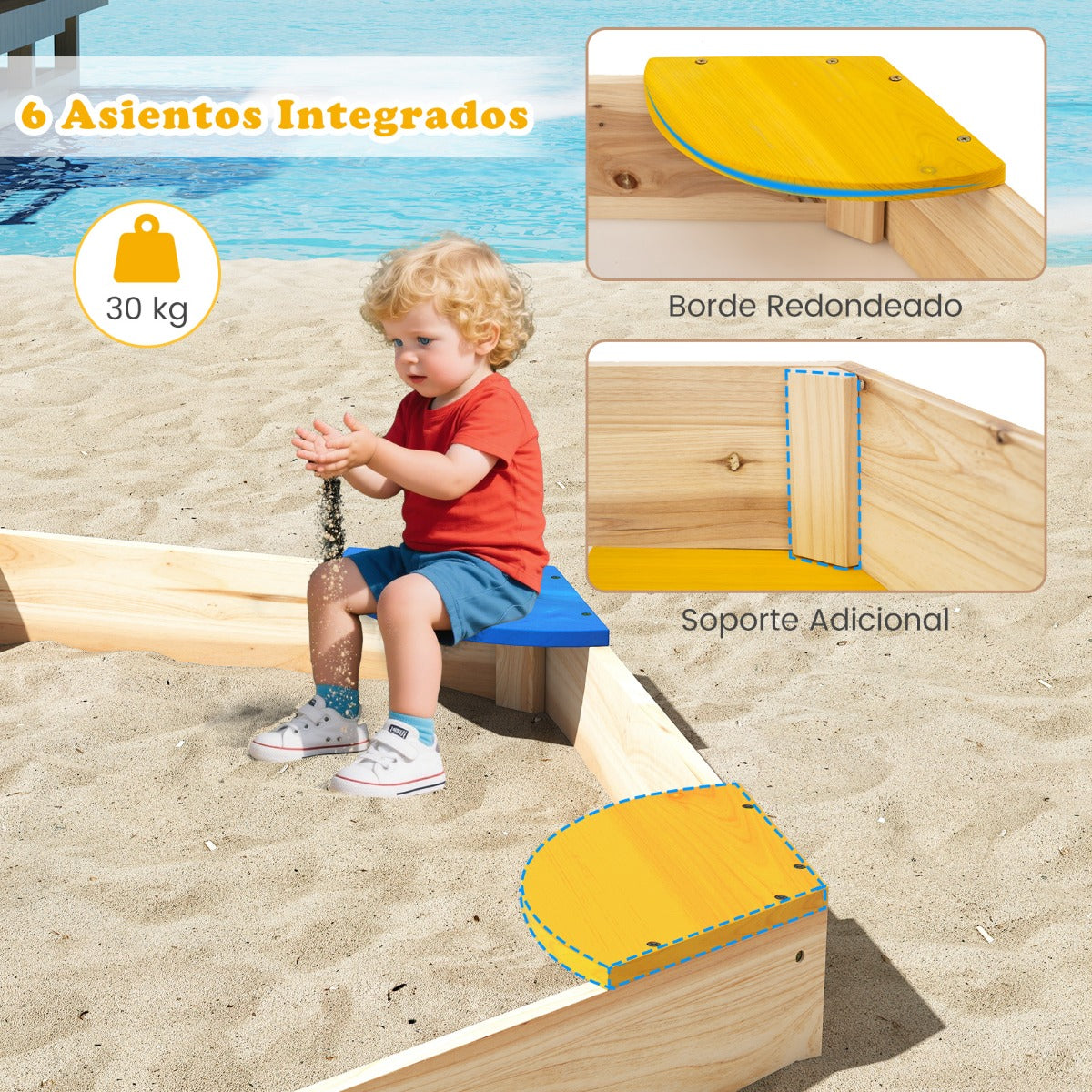 Caixa de Areia Hexagonal em Madeira com Macetero e 6 Assentos para Crianças 3+ Anos 140x122x14cm — foto 7