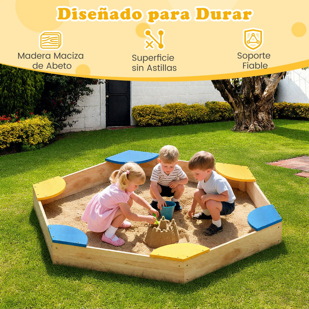 Caixa de Areia Hexagonal em Madeira com Macetero e 6 Assentos para Crianças 3+ Anos 140x122x14cm — foto 8