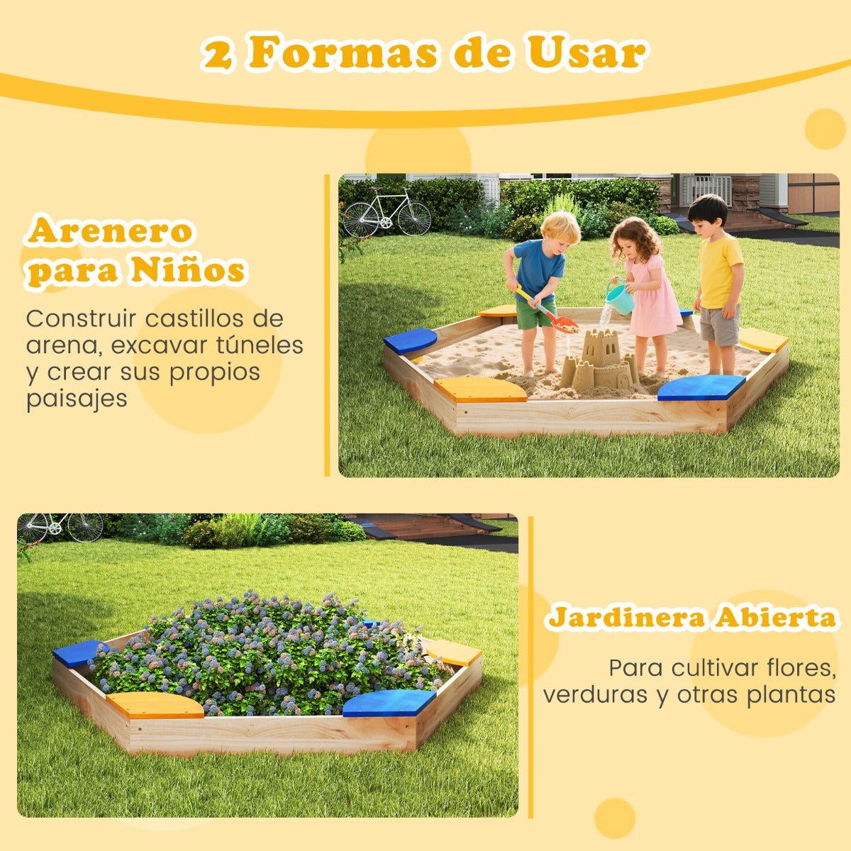 Caixa de Areia Hexagonal em Madeira com Macetero e 6 Assentos para Crianças 3+ Anos 140x122x14cm — foto 9