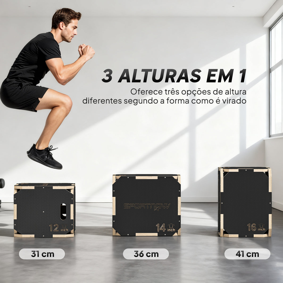 Caixa Pliométrica de Madeira 3 em 1 Plataforma de Treino com 3 Alturas Ajustáveis 41/36/31 cm Pegas Sem Cantos Saltos e Força para Casa Ginásio e Exterior Preto — foto 5