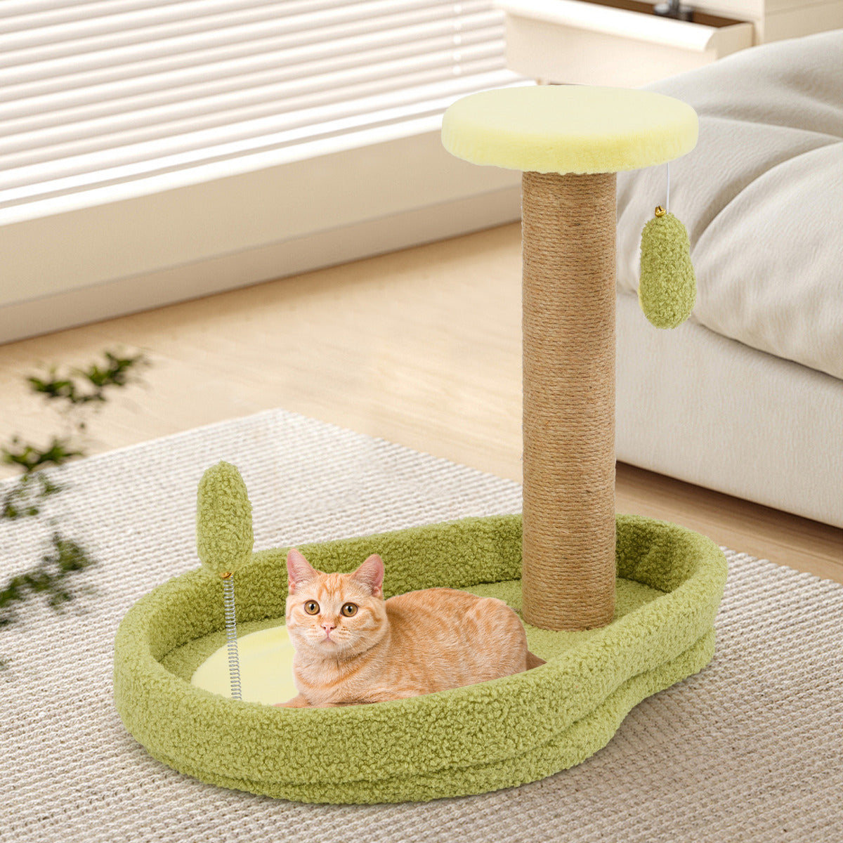 Cama Compacta para Gatos com Poste de Riscagem e Brinquedo de Molas em Forma de Abacate — foto 4