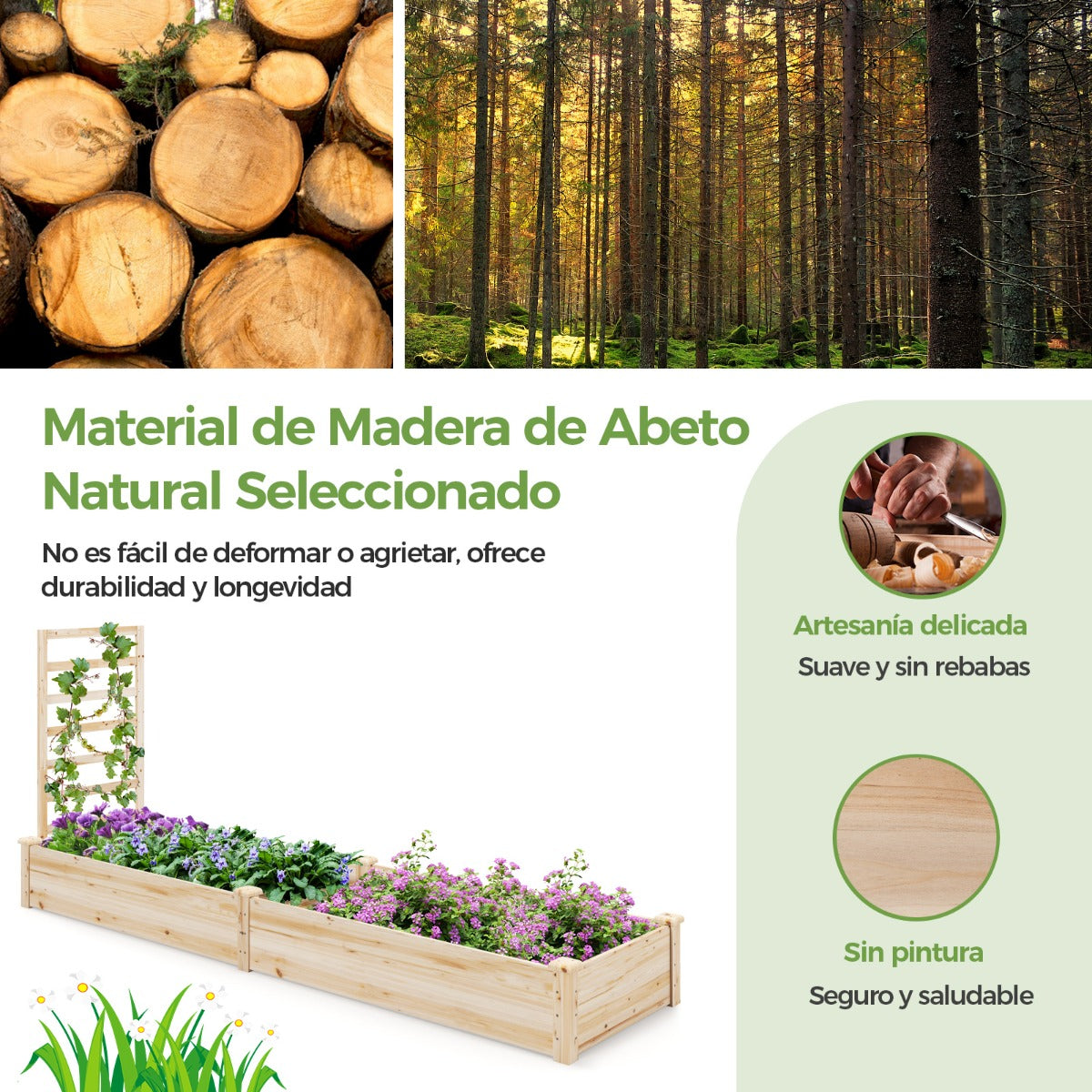 Cama de jardim elevada com 2 compartimentos e treliça em madeira de abeto natural 235 x 63 x 102 cm — foto 6