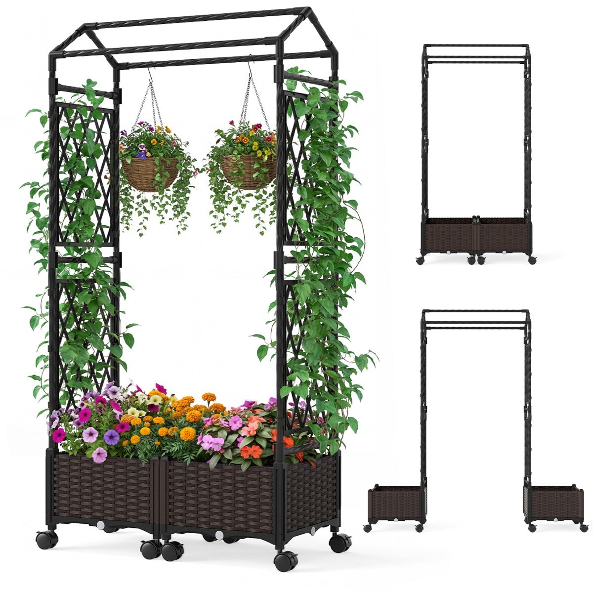 Cama de Jardim Elevada com Auto-Rega, Treliça e Rodas Bloqueáveis para Plantas Trepadoras — foto 2
