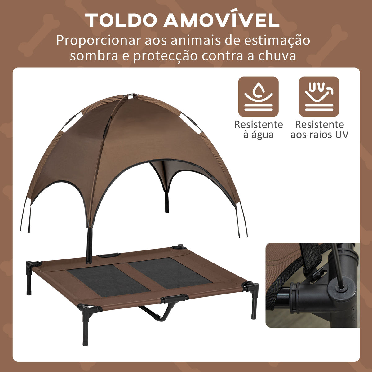 Cama Elevada para Animais de Estimação Portátil com Toldo Amovível Tecido Respirável para Interior e Exterior 92x76x90cm Marrom — foto 6