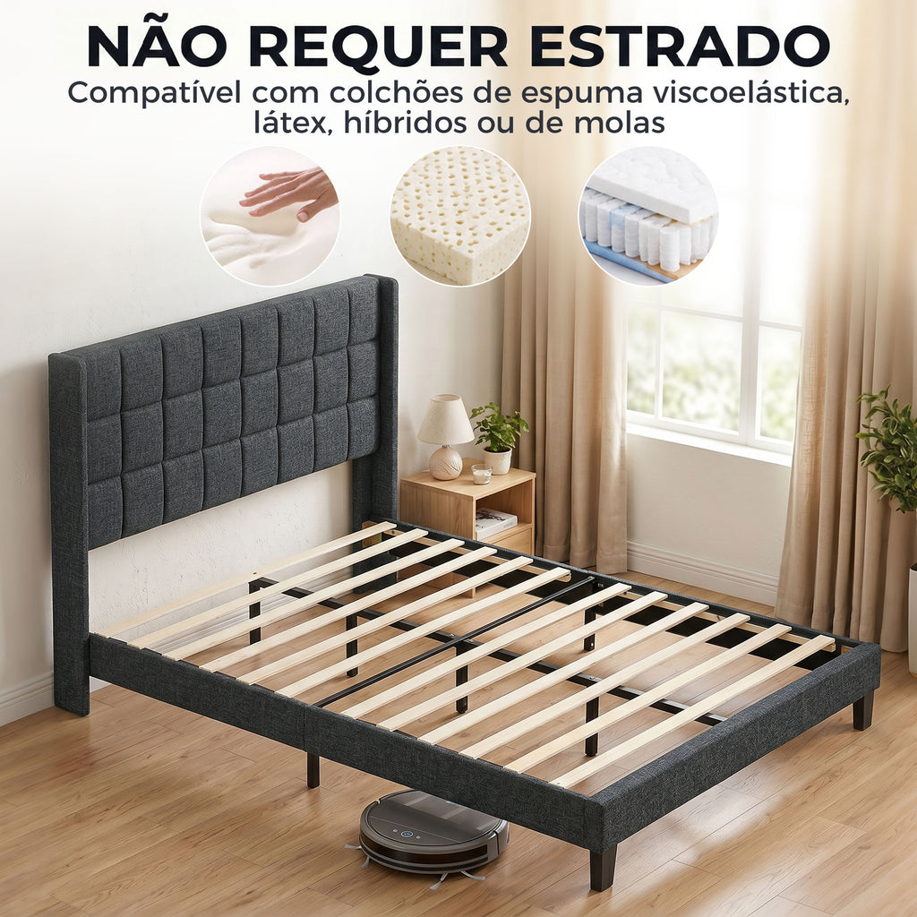 Cama Estofada 135x190 cm com Cabeceira Acolchoada com Abas e Arrumação Inferior, Estrutura de Casal com Ripas de Madeira, Design Moderno, Montagem Fácil, Cinzento — foto 7