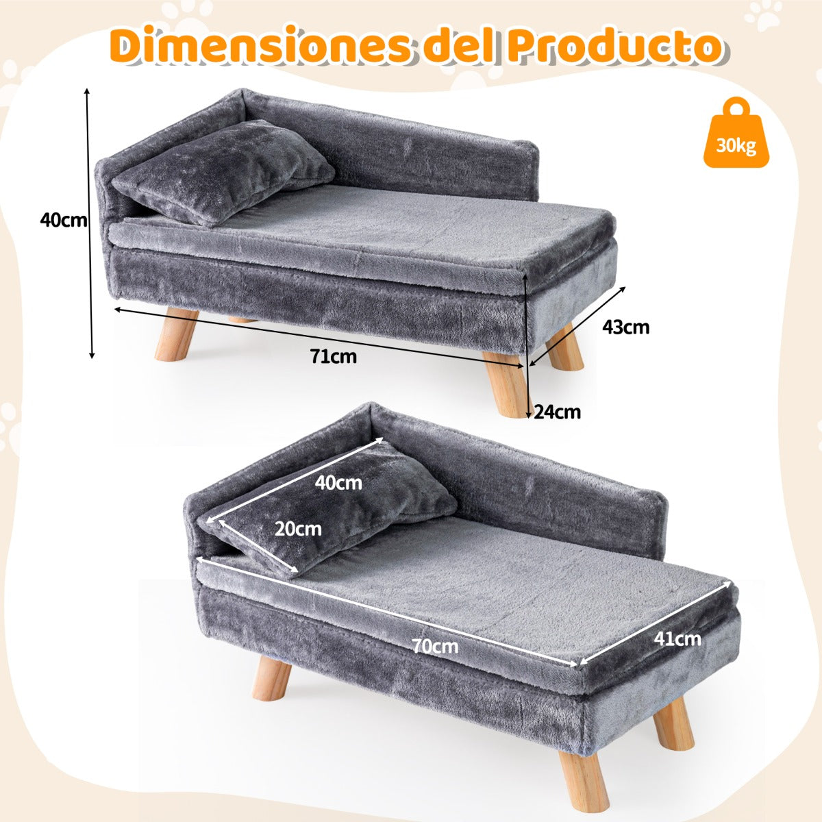 Cama-Sofá Elevada para Animais de Estimação com Almofada Removível e Encosto Alto 71x43x40 cm Cinzento Escuro — foto 3