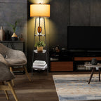 Candeeiro de Pé com Prateleiras e Abajur de Linho - Base E27 220-240V - Castanho — foto 1