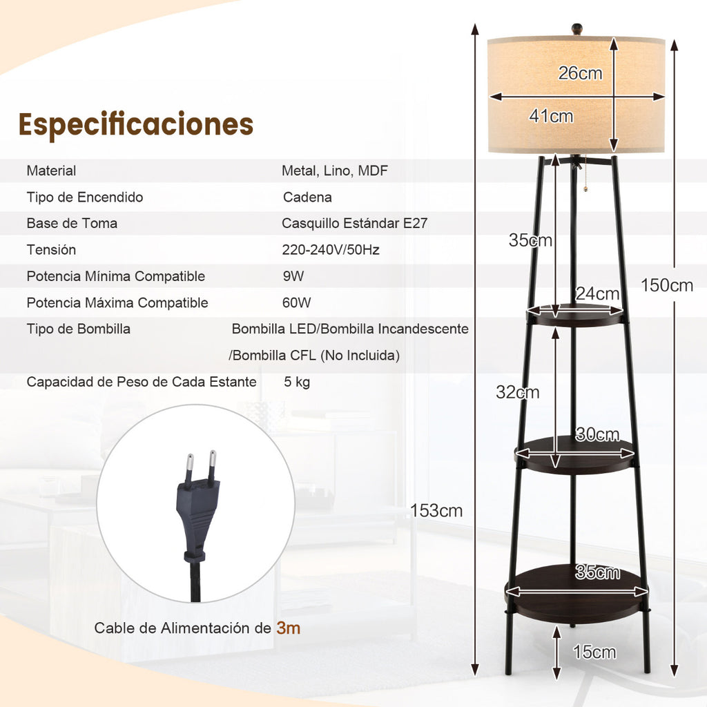 Candeeiro de Pé com Prateleiras e Abajur de Linho - Base E27 220-240V - Castanho — foto 3