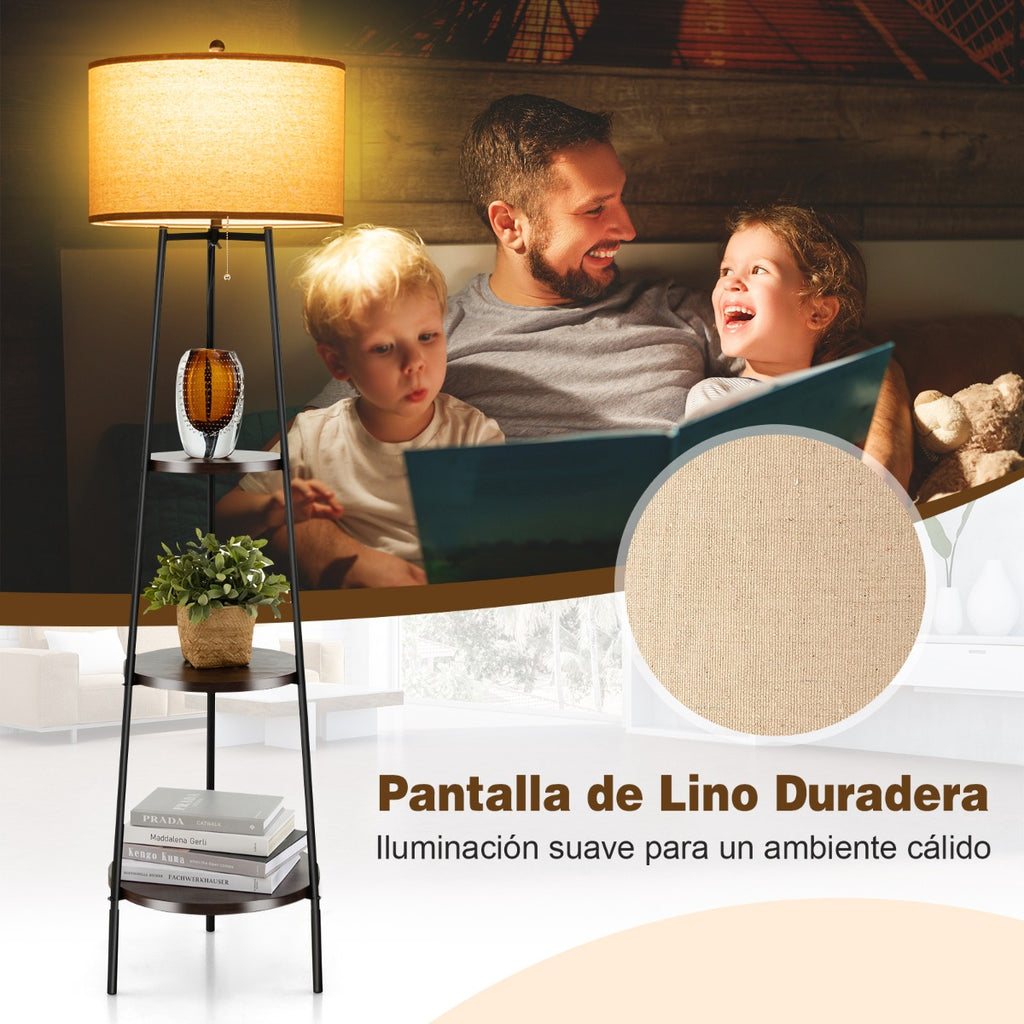 Candeeiro de Pé com Prateleiras e Abajur de Linho - Base E27 220-240V - Castanho — foto 4