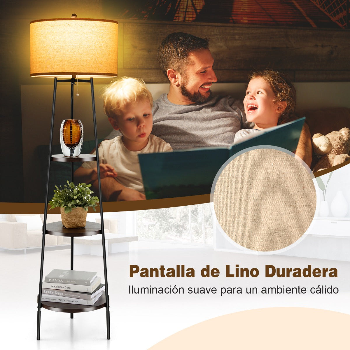 Candeeiro de Pé com Prateleiras e Abajur de Linho - Base E27 220-240V - Castanho — foto 4