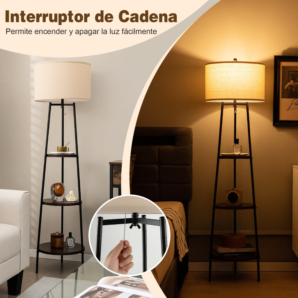 Candeeiro de Pé com Prateleiras e Abajur de Linho - Base E27 220-240V - Castanho — foto 5