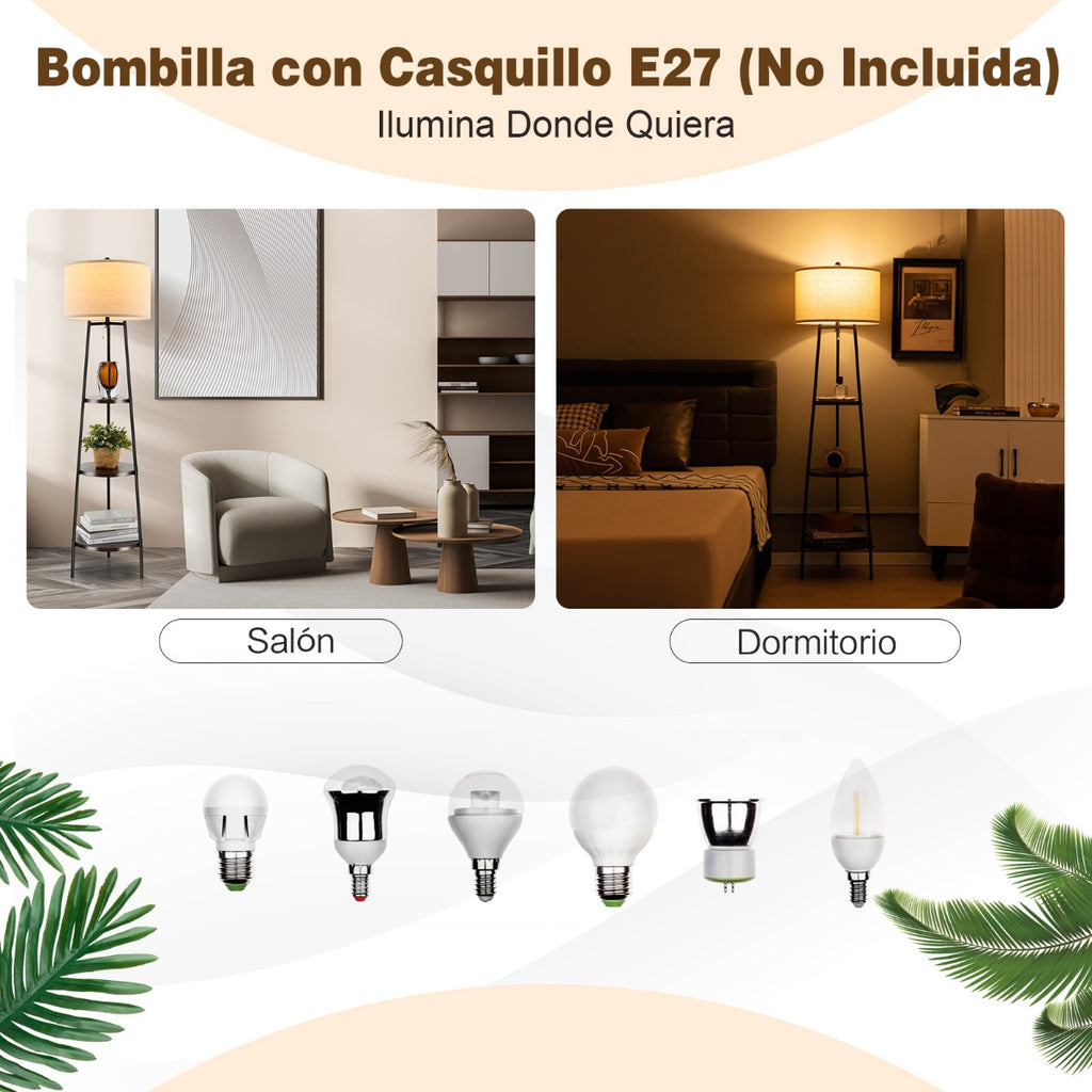 Candeeiro de Pé com Prateleiras e Abajur de Linho - Base E27 220-240V - Castanho — foto 7