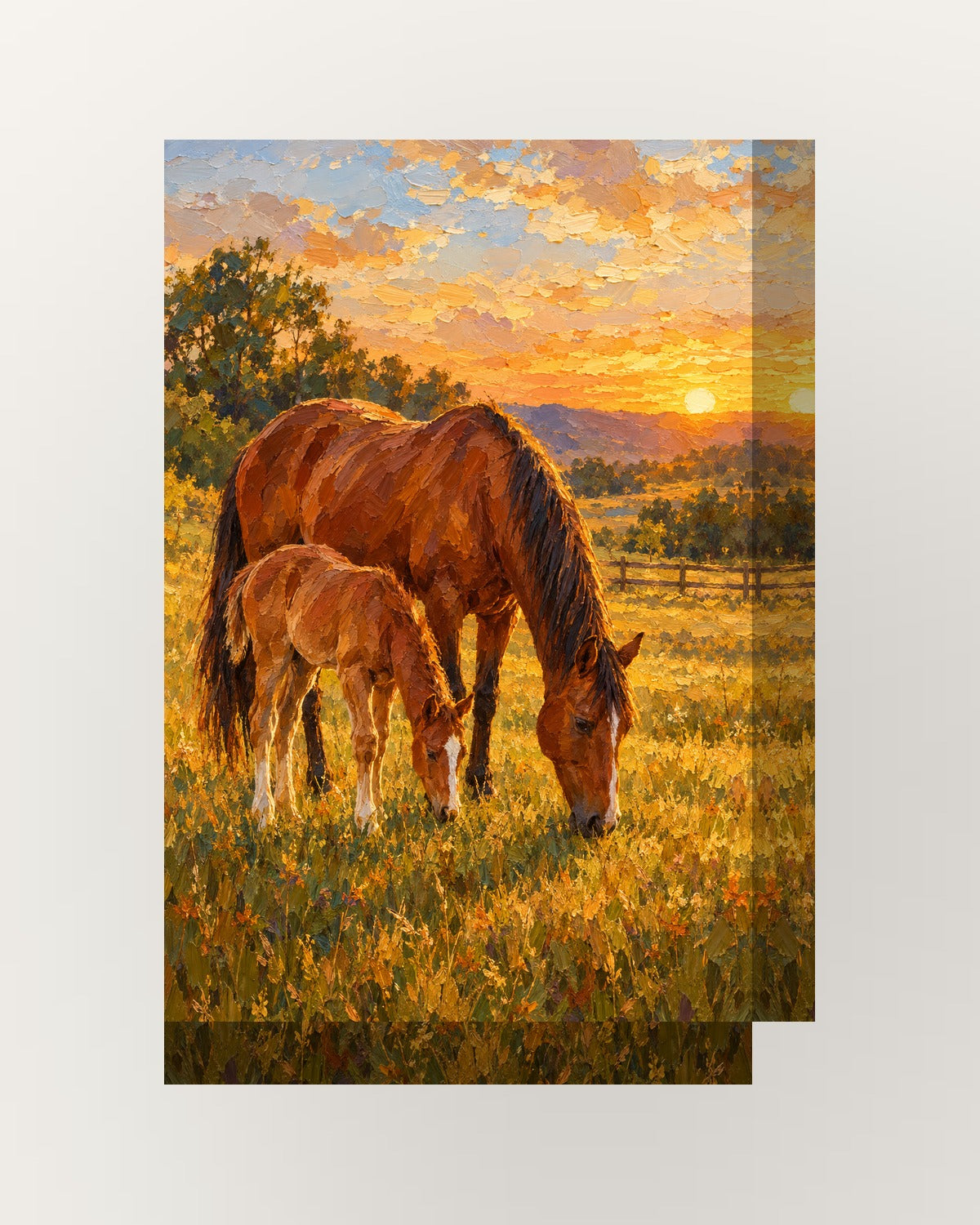 Égua e potro · Pintura a óleo · Quadro de cavalos — acabamento:thick