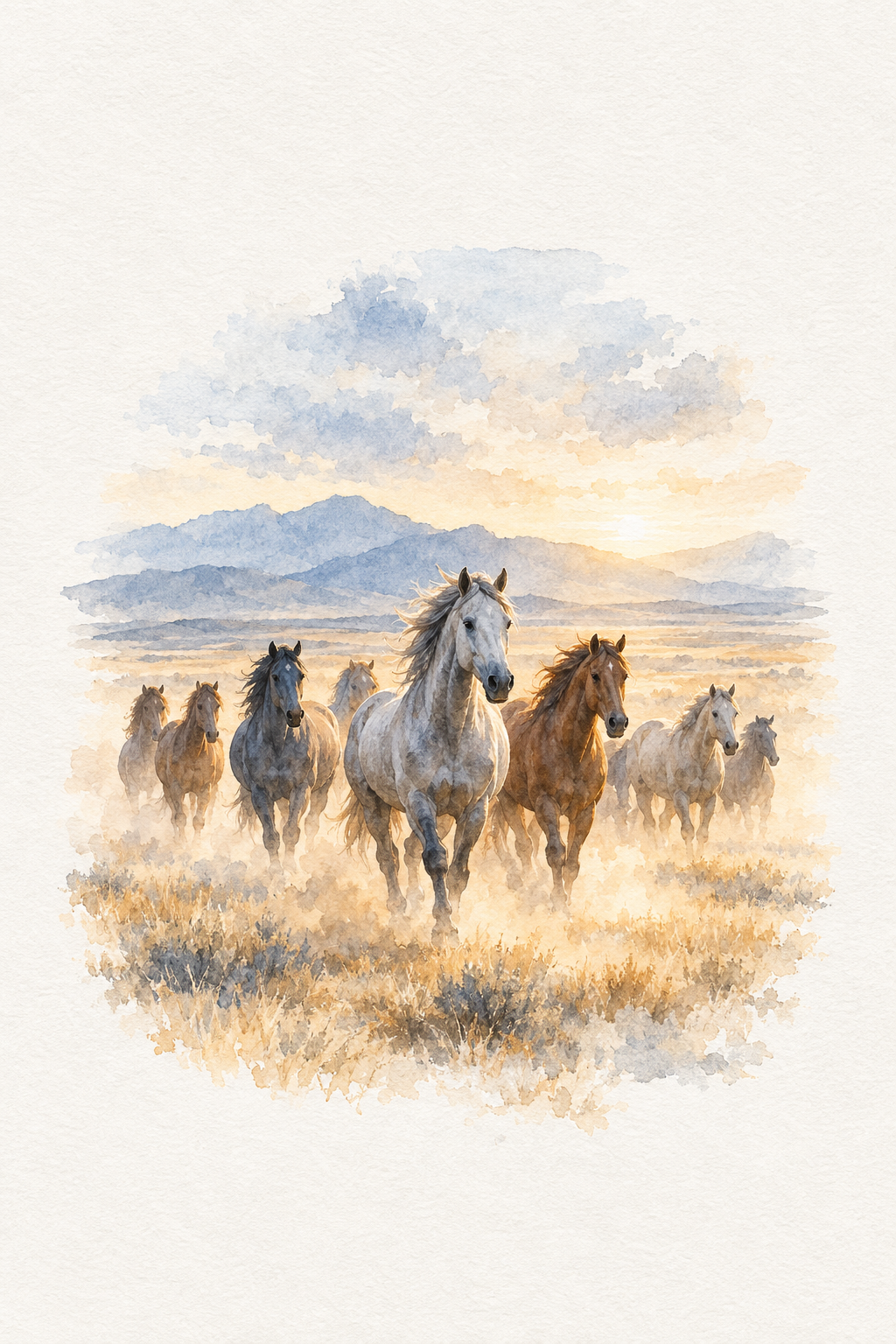 Manada · Aguarela · Quadro de cavalos — cavalos-manada-aguarela_ver