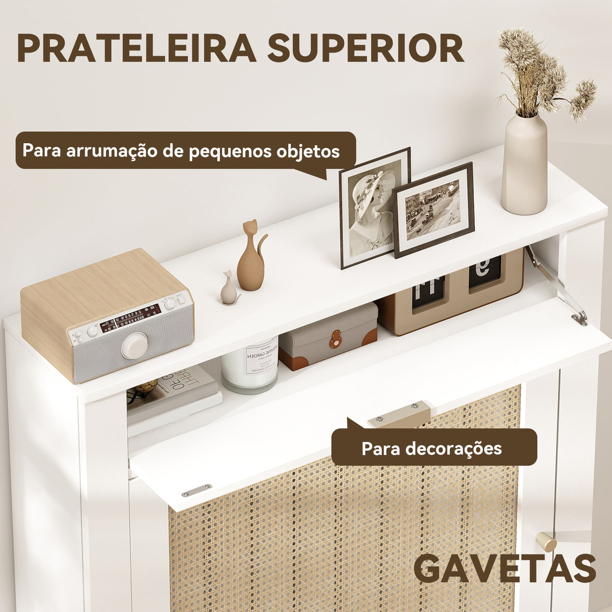 Cobertura para Radiador com Porta Rebatível e Vime Proteção Radiador de MDF 78x19x95,5 cm com Compartimento Desenho Boémio para Sala Quarto Branco — foto 4